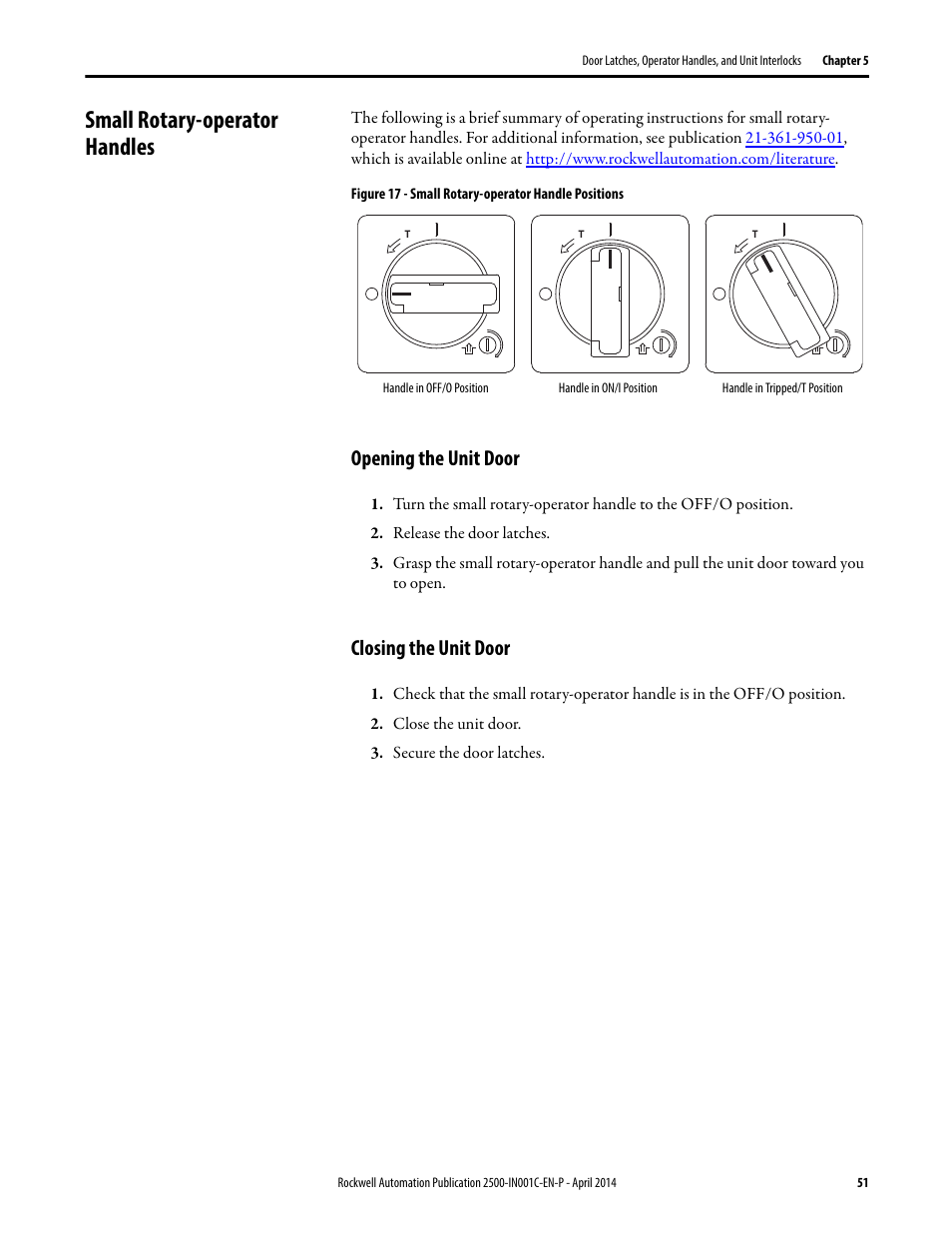 Small rotary-operator handles, Opening the unit door, Closing the unit door | Opening the unit door closing the unit door | Rockwell Automation 2500 CENTERLINE Motor Control Centers Installation Manual User Manual | Page 51 / 100