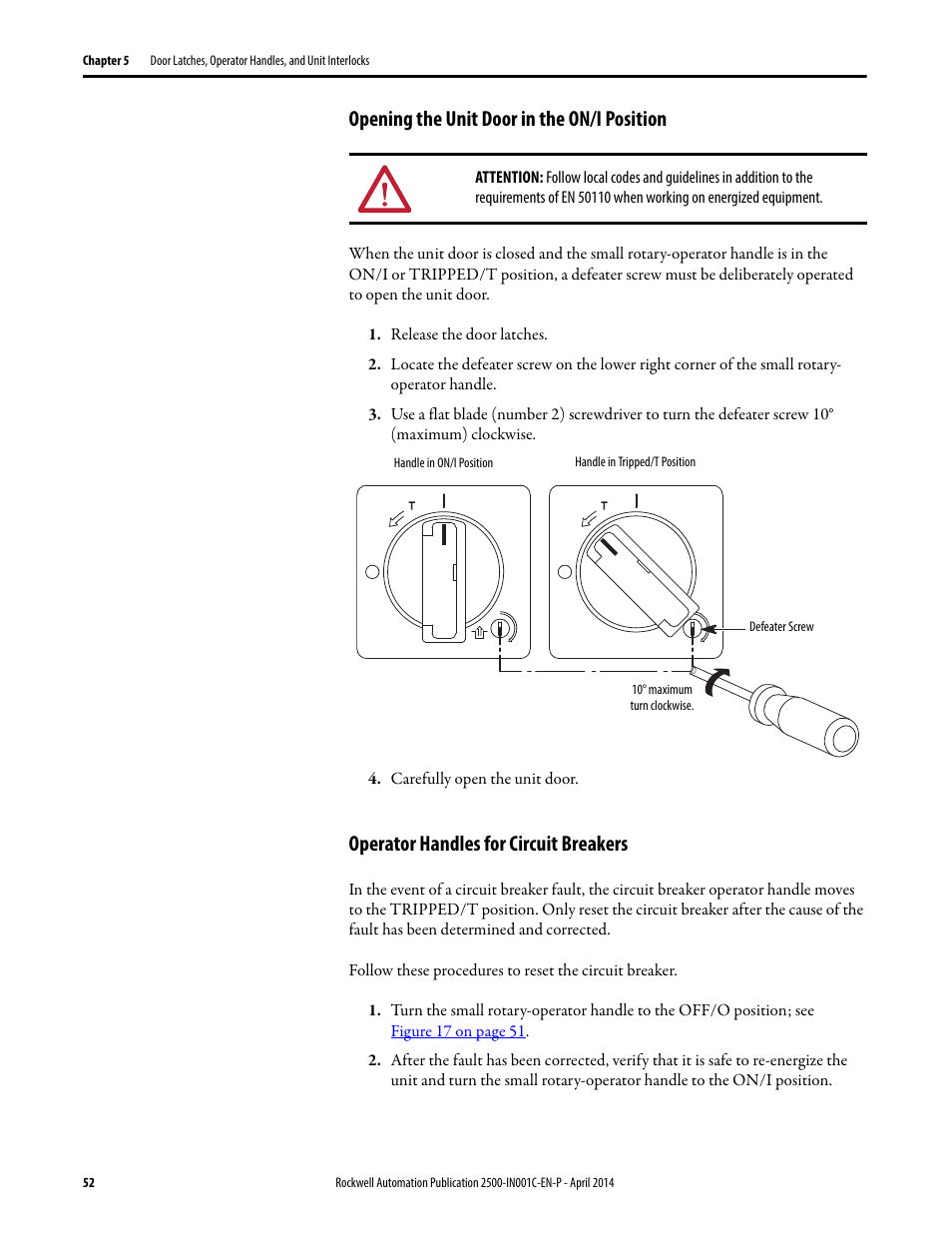 Opening the unit door in the on/i position, Operator handles for circuit breakers | Rockwell Automation 2500 CENTERLINE Motor Control Centers Installation Manual User Manual | Page 52 / 100