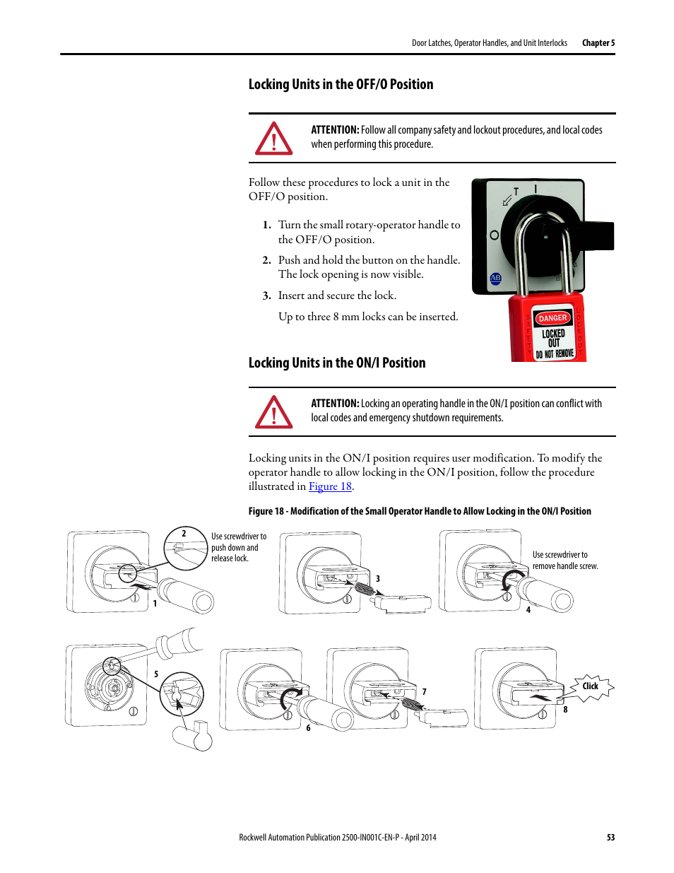 Locking units in the off/o position, Locking units in the on/i position | Rockwell Automation 2500 CENTERLINE Motor Control Centers Installation Manual User Manual | Page 53 / 100