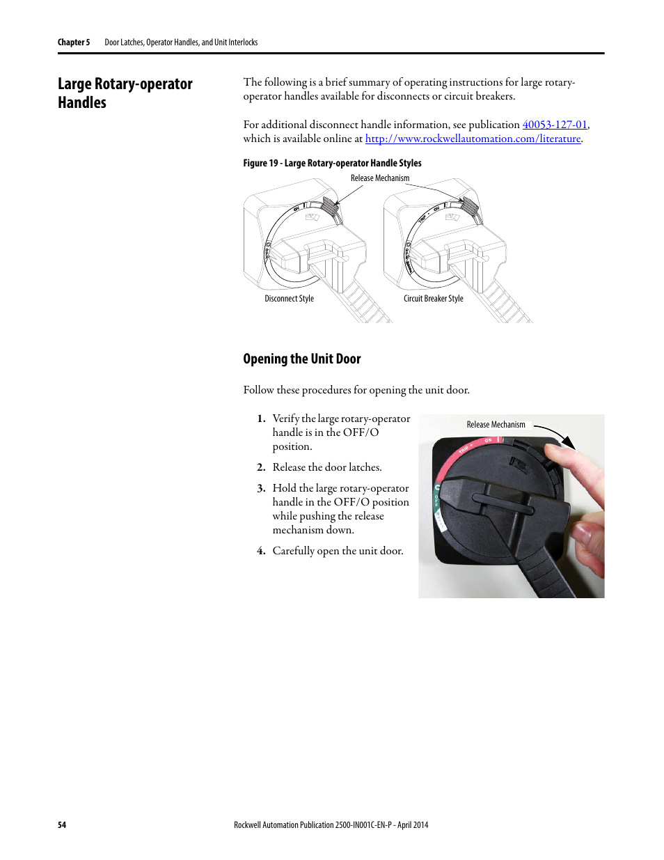 Large rotary-operator handles, Opening the unit door | Rockwell Automation 2500 CENTERLINE Motor Control Centers Installation Manual User Manual | Page 54 / 100