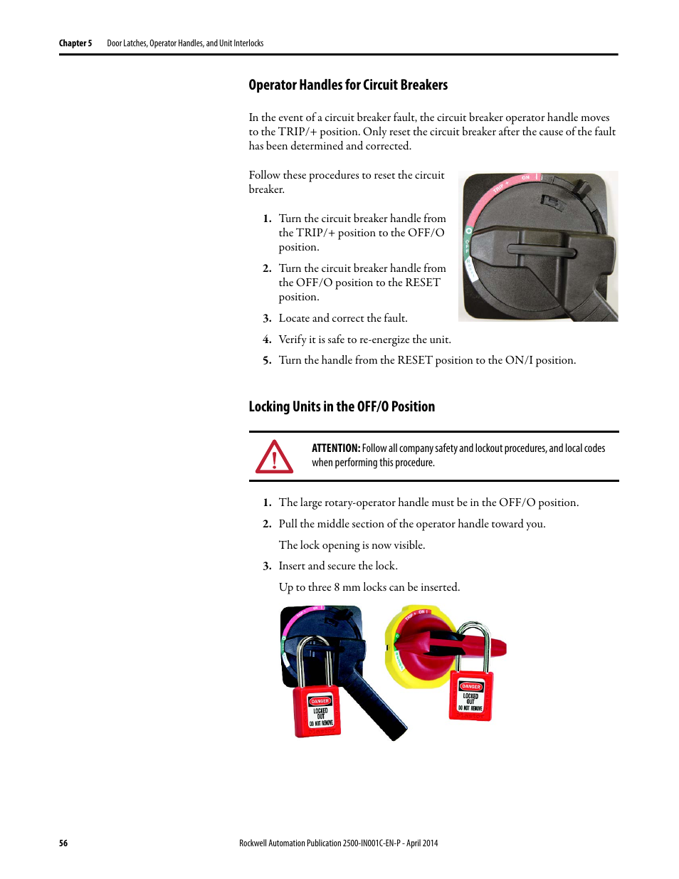 Operator handles for circuit breakers, Locking units in the off/o position | Rockwell Automation 2500 CENTERLINE Motor Control Centers Installation Manual User Manual | Page 56 / 100