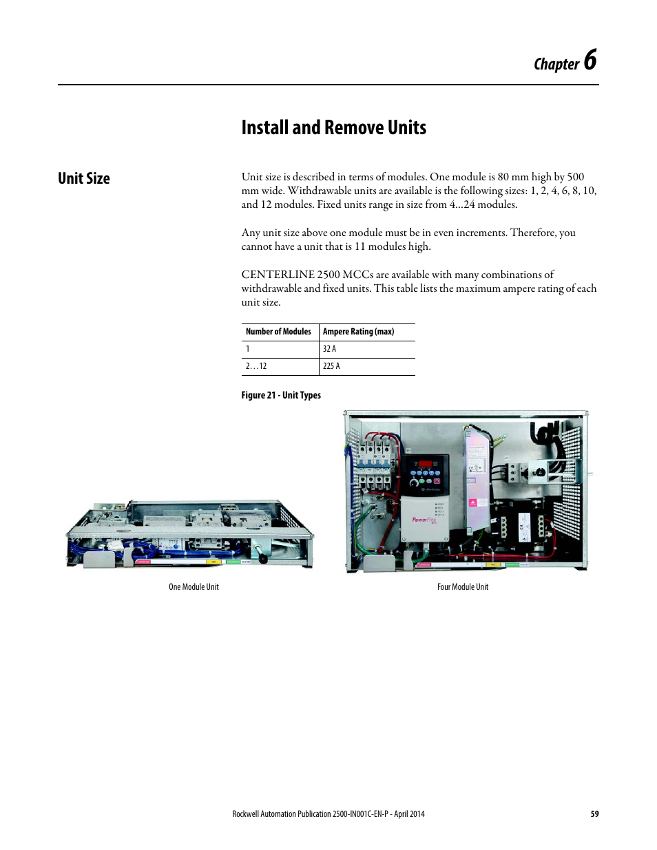 6 - install and remove units, Unit size, Chapter 6 | Install and remove units, Chapter | Rockwell Automation 2500 CENTERLINE Motor Control Centers Installation Manual User Manual | Page 59 / 100