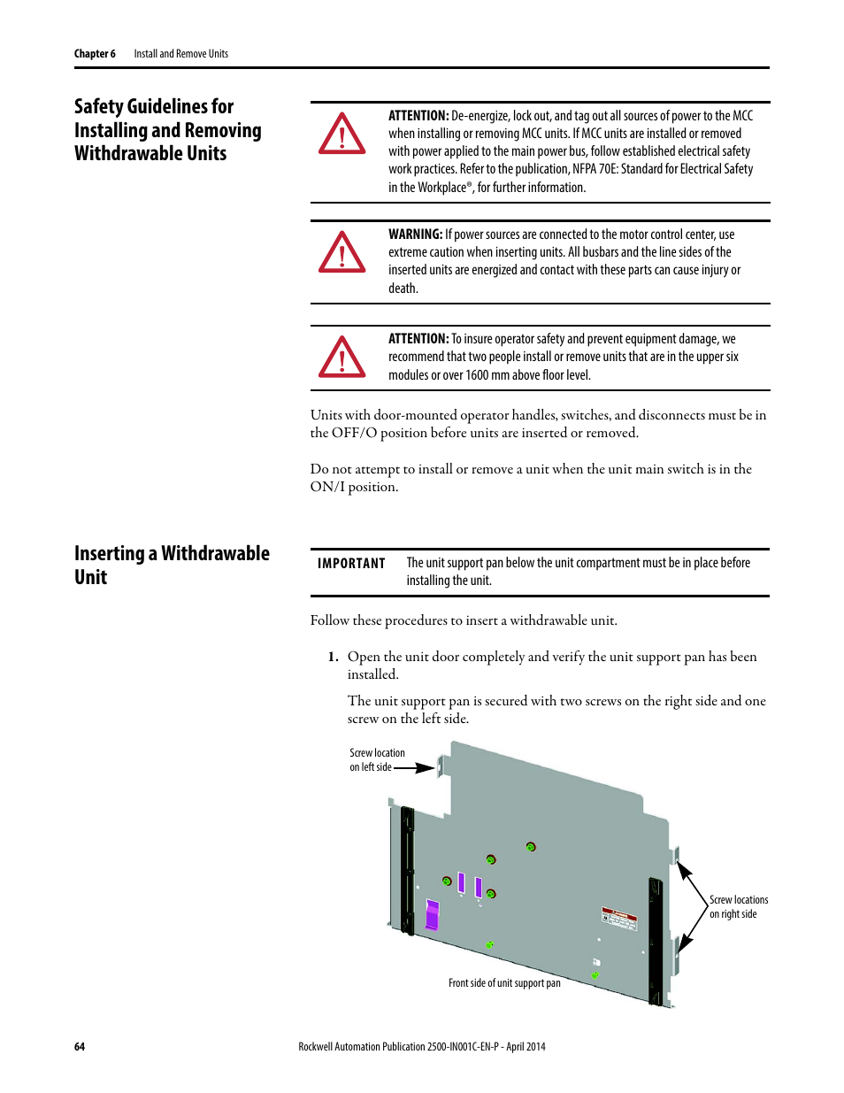 Inserting a withdrawable unit | Rockwell Automation 2500 CENTERLINE Motor Control Centers Installation Manual User Manual | Page 64 / 100