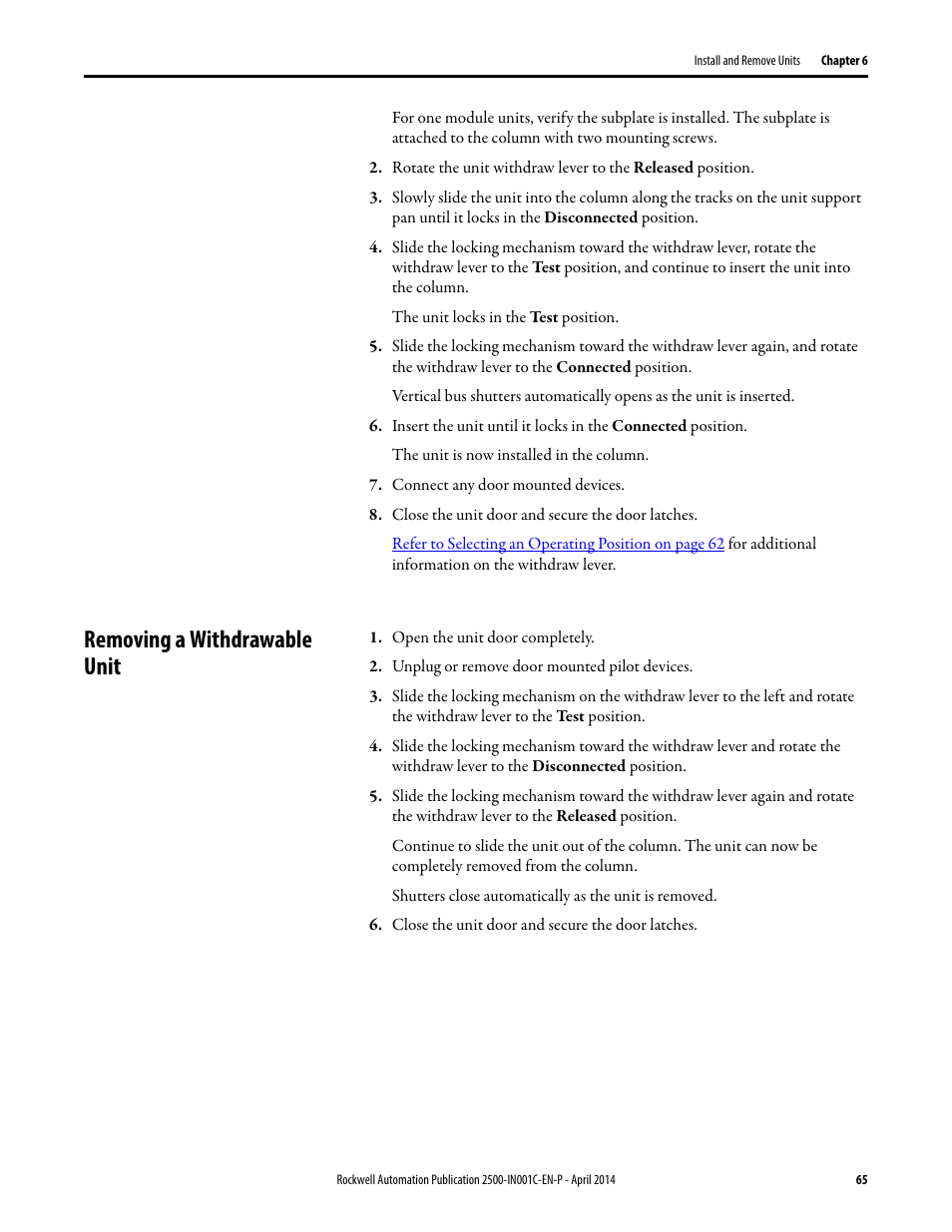 Removing a withdrawable unit | Rockwell Automation 2500 CENTERLINE Motor Control Centers Installation Manual User Manual | Page 65 / 100