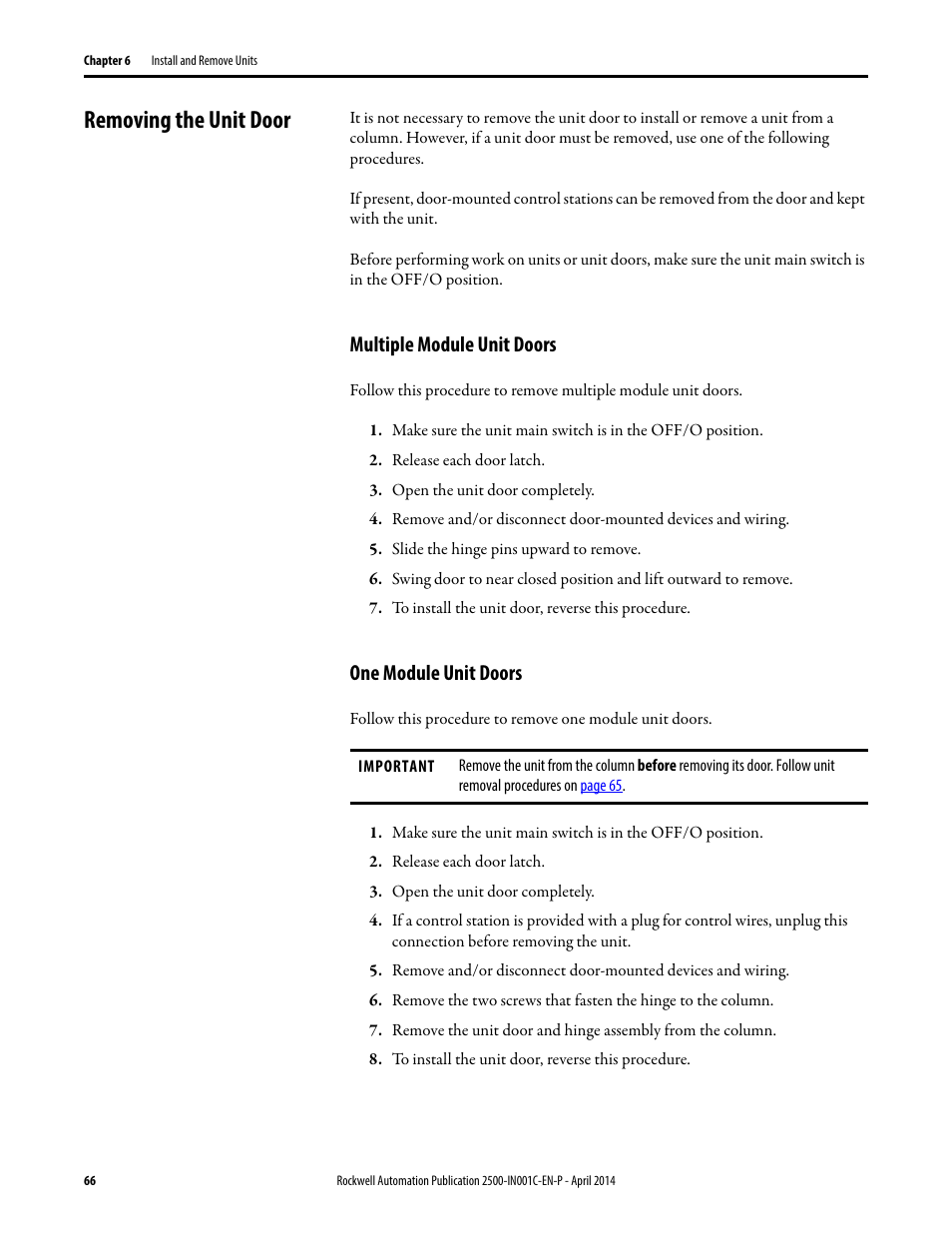 Removing the unit door, Multiple module unit doors, One module unit doors | Multiple module unit doors one module unit doors | Rockwell Automation 2500 CENTERLINE Motor Control Centers Installation Manual User Manual | Page 66 / 100