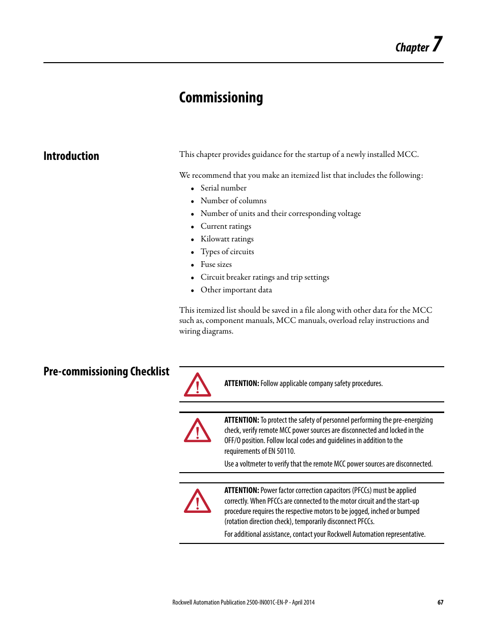 7 - commissioning, Introduction, Pre-commissioning checklist | Chapter 7, Commissioning, Introduction pre-commissioning checklist, Chapter | Rockwell Automation 2500 CENTERLINE Motor Control Centers Installation Manual User Manual | Page 67 / 100