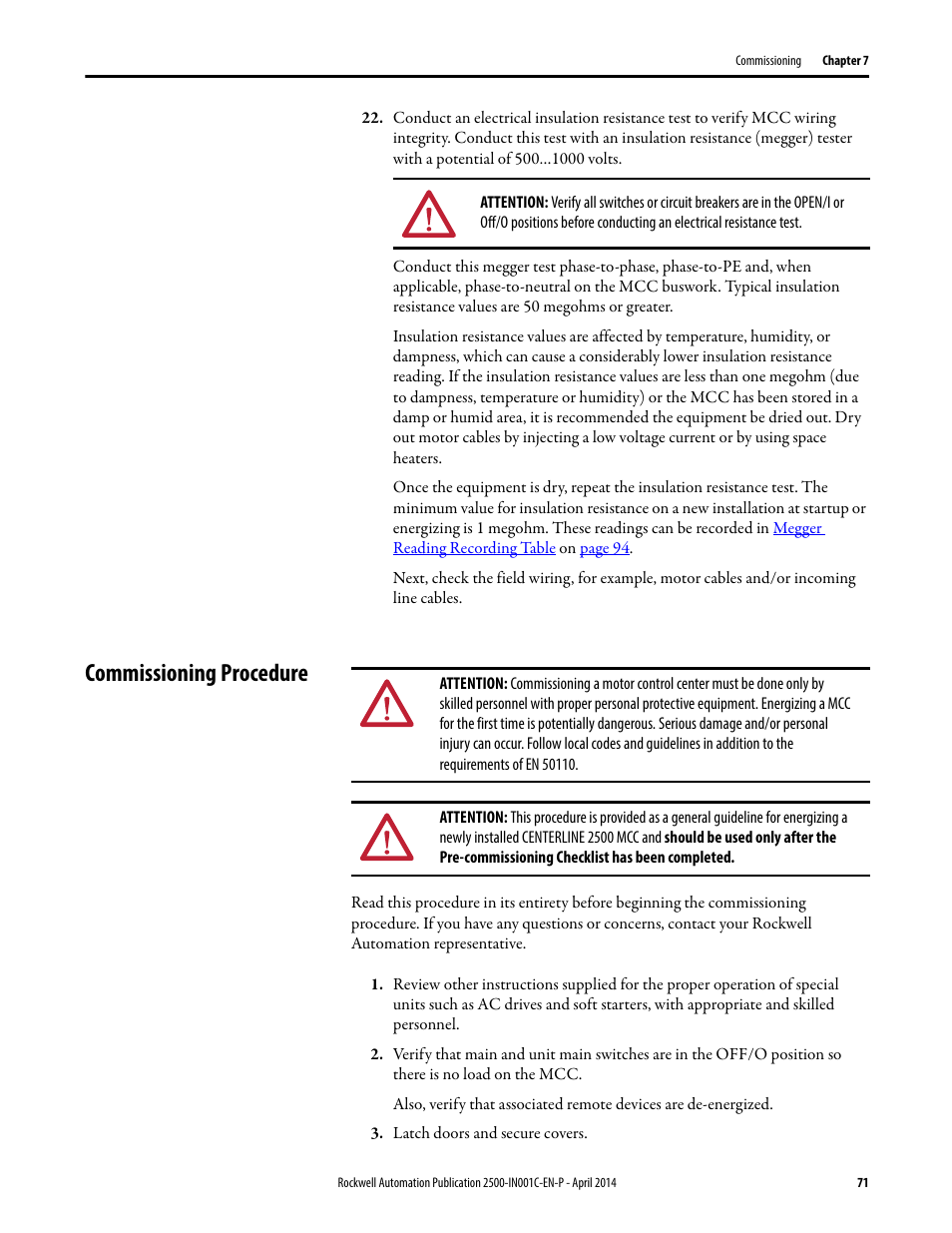 Commissioning procedure | Rockwell Automation 2500 CENTERLINE Motor Control Centers Installation Manual User Manual | Page 71 / 100