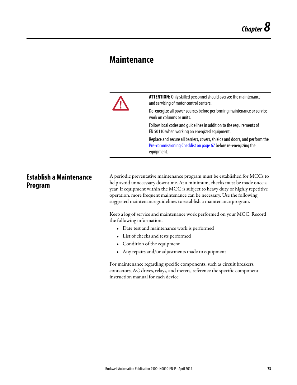 8 - maintenance, Establish a maintenance program, Chapter 8 | Maintenance, Chapter | Rockwell Automation 2500 CENTERLINE Motor Control Centers Installation Manual User Manual | Page 73 / 100