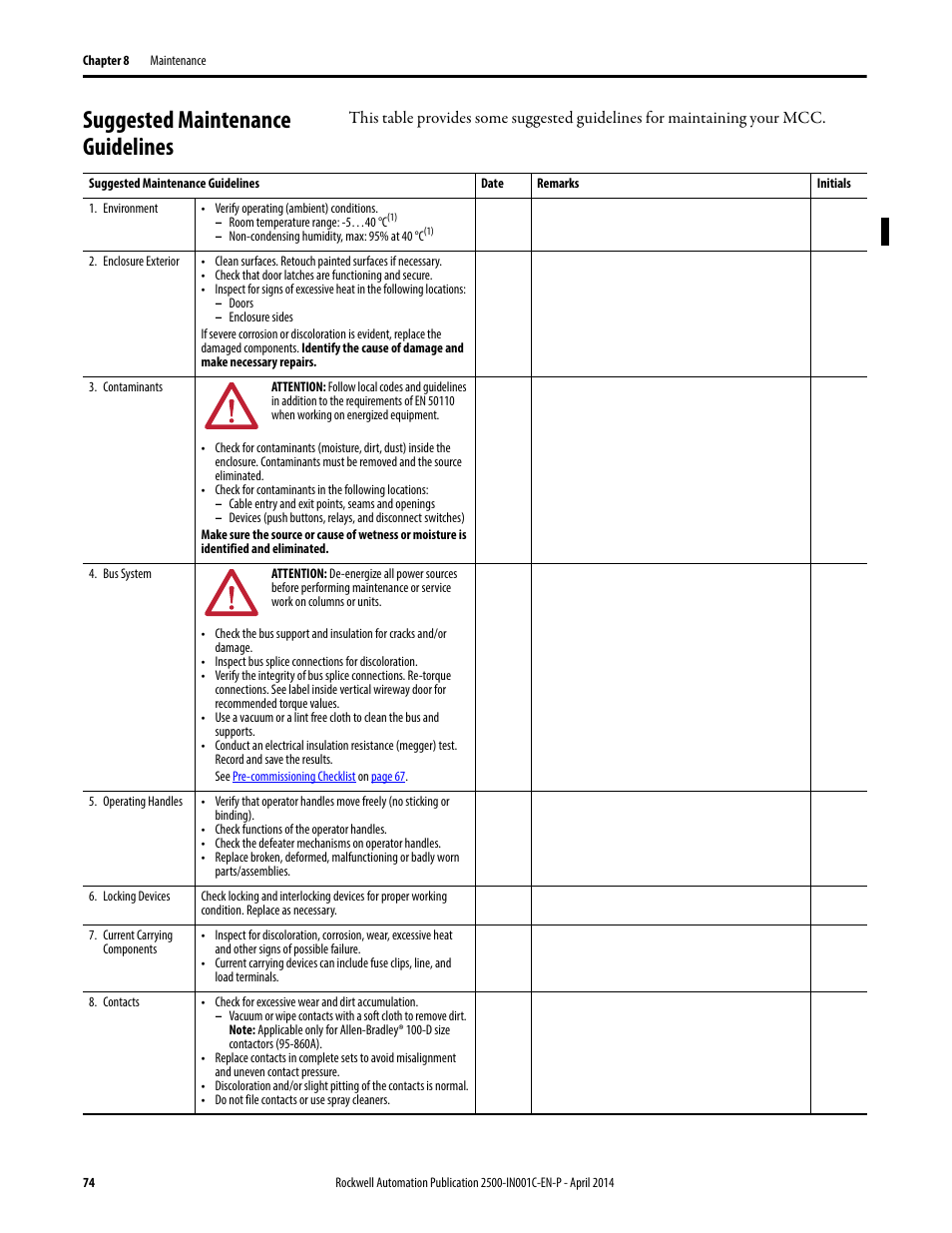 Suggested maintenance guidelines | Rockwell Automation 2500 CENTERLINE Motor Control Centers Installation Manual User Manual | Page 74 / 100