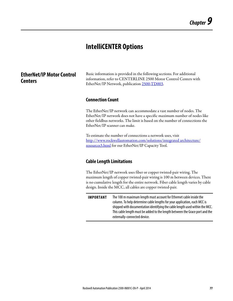 9 - intellicenter options, Ethernet/ip motor control centers, Connection count | Cable length limitations, Chapter 9, Intellicenter options, Connection count cable length limitations, Chapter | Rockwell Automation 2500 CENTERLINE Motor Control Centers Installation Manual User Manual | Page 77 / 100