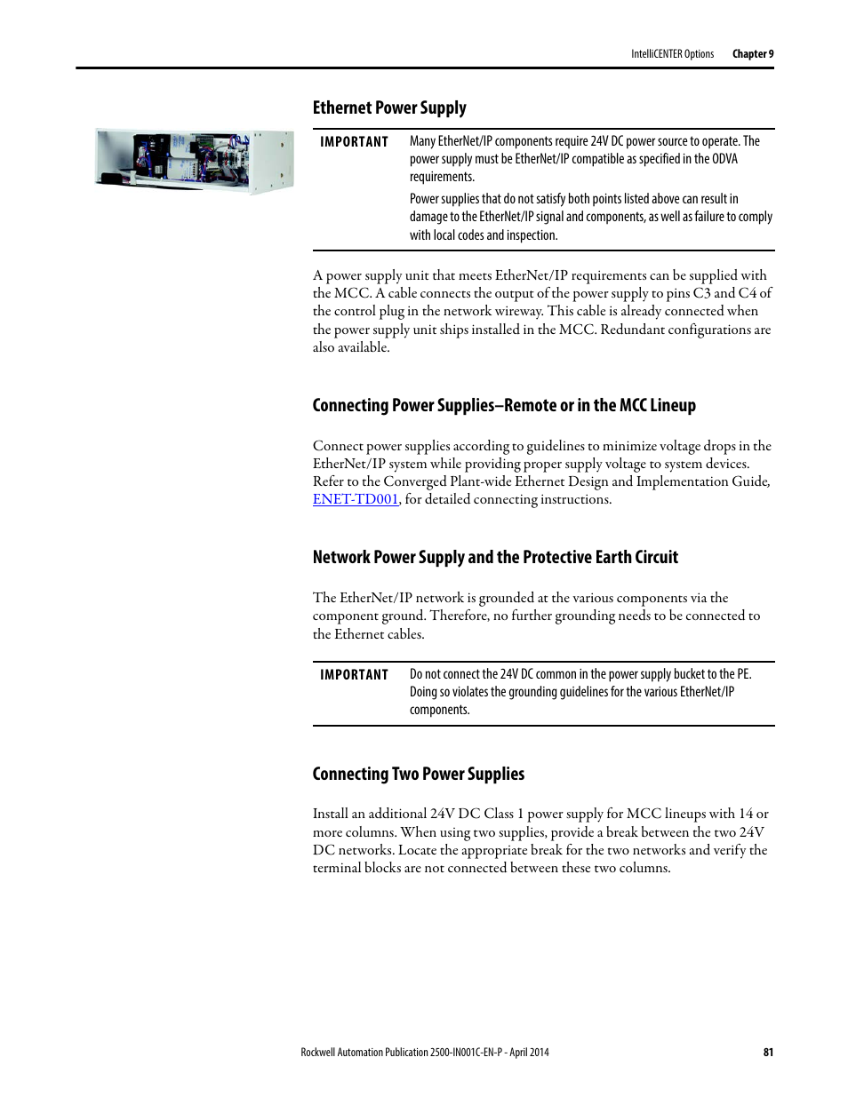 Ethernet power supply, Connecting two power supplies | Rockwell Automation 2500 CENTERLINE Motor Control Centers Installation Manual User Manual | Page 81 / 100