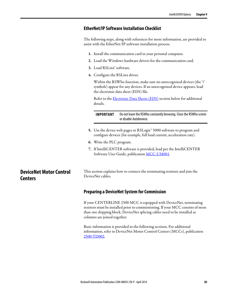 Ethernet/ip software installation checklist, Devicenet motor control centers, Preparing a devicenet system for commission | Rockwell Automation 2500 CENTERLINE Motor Control Centers Installation Manual User Manual | Page 83 / 100