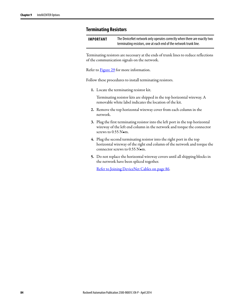 Terminating resistors | Rockwell Automation 2500 CENTERLINE Motor Control Centers Installation Manual User Manual | Page 84 / 100