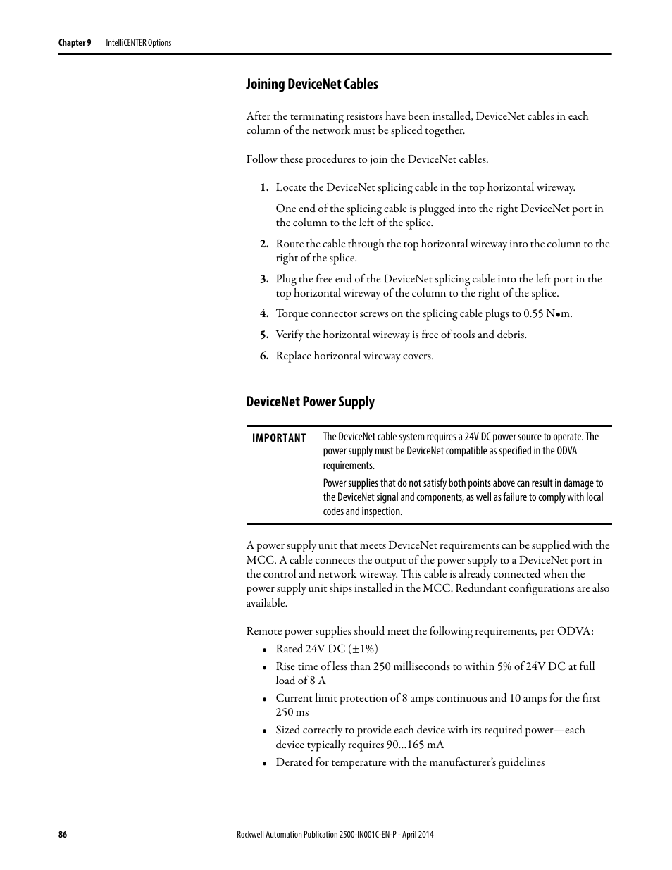 Joining devicenet cables, Devicenet power supply, Joining devicenet cables devicenet power supply | Rockwell Automation 2500 CENTERLINE Motor Control Centers Installation Manual User Manual | Page 86 / 100
