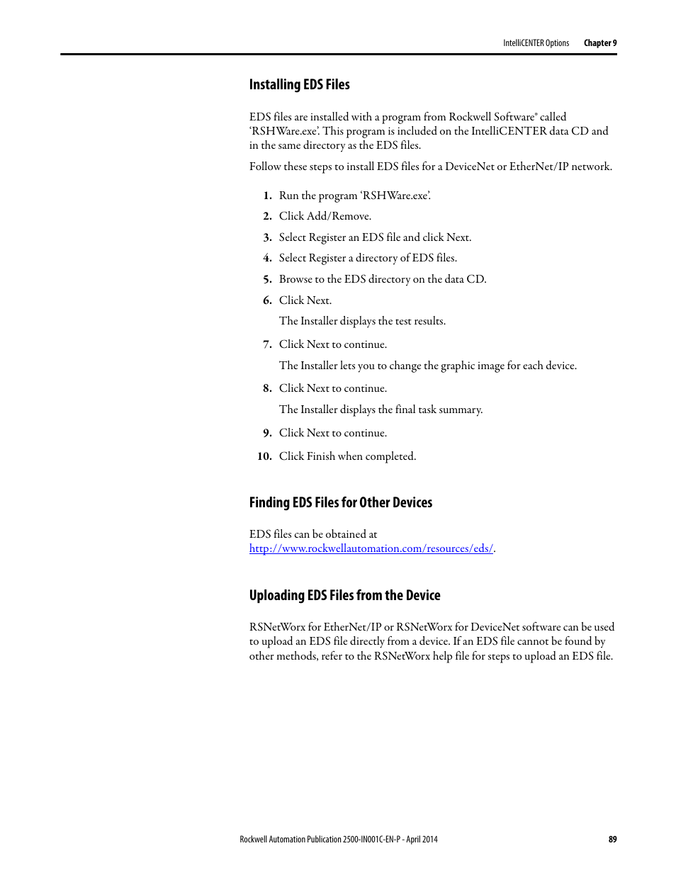 Installing eds files, Finding eds files for other devices, Uploading eds files from the device | Rockwell Automation 2500 CENTERLINE Motor Control Centers Installation Manual User Manual | Page 89 / 100