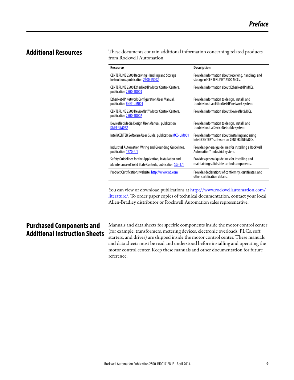 Preface, Additional resources, Preface additional resources | Rockwell Automation 2500 CENTERLINE Motor Control Centers Installation Manual User Manual | Page 9 / 100