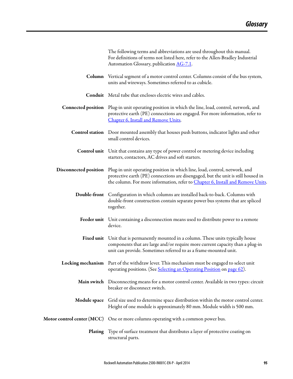 Glossary | Rockwell Automation 2500 CENTERLINE Motor Control Centers Installation Manual User Manual | Page 95 / 100