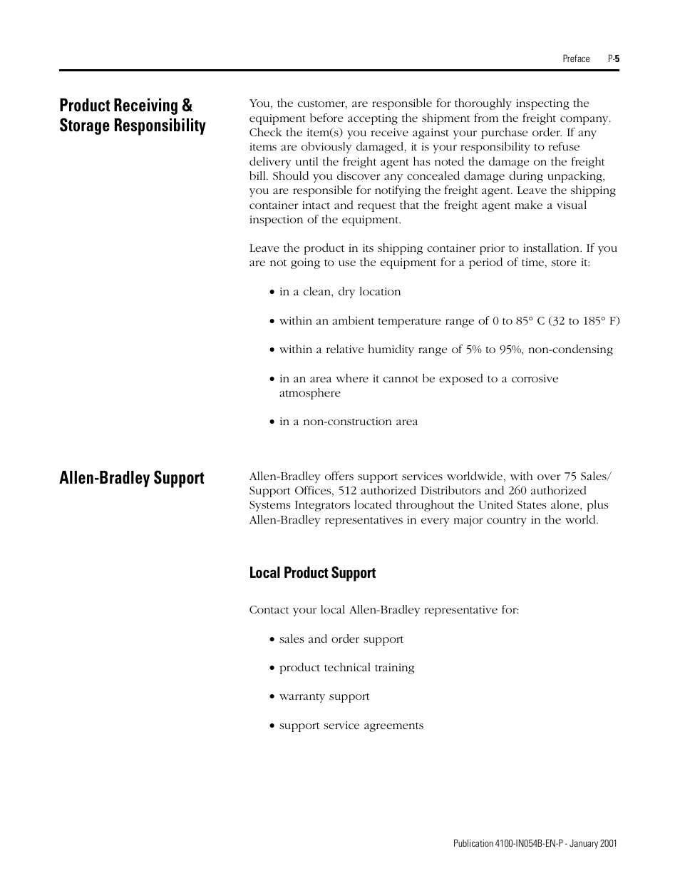Product receiving & storage responsibility, Allen-bradley support, Local product support | Rockwell Automation 4100-EF04_EF08 4 or 8 Way Encoder Buffer Unit Installation and Setup Manual User Manual | Page 11 / 32