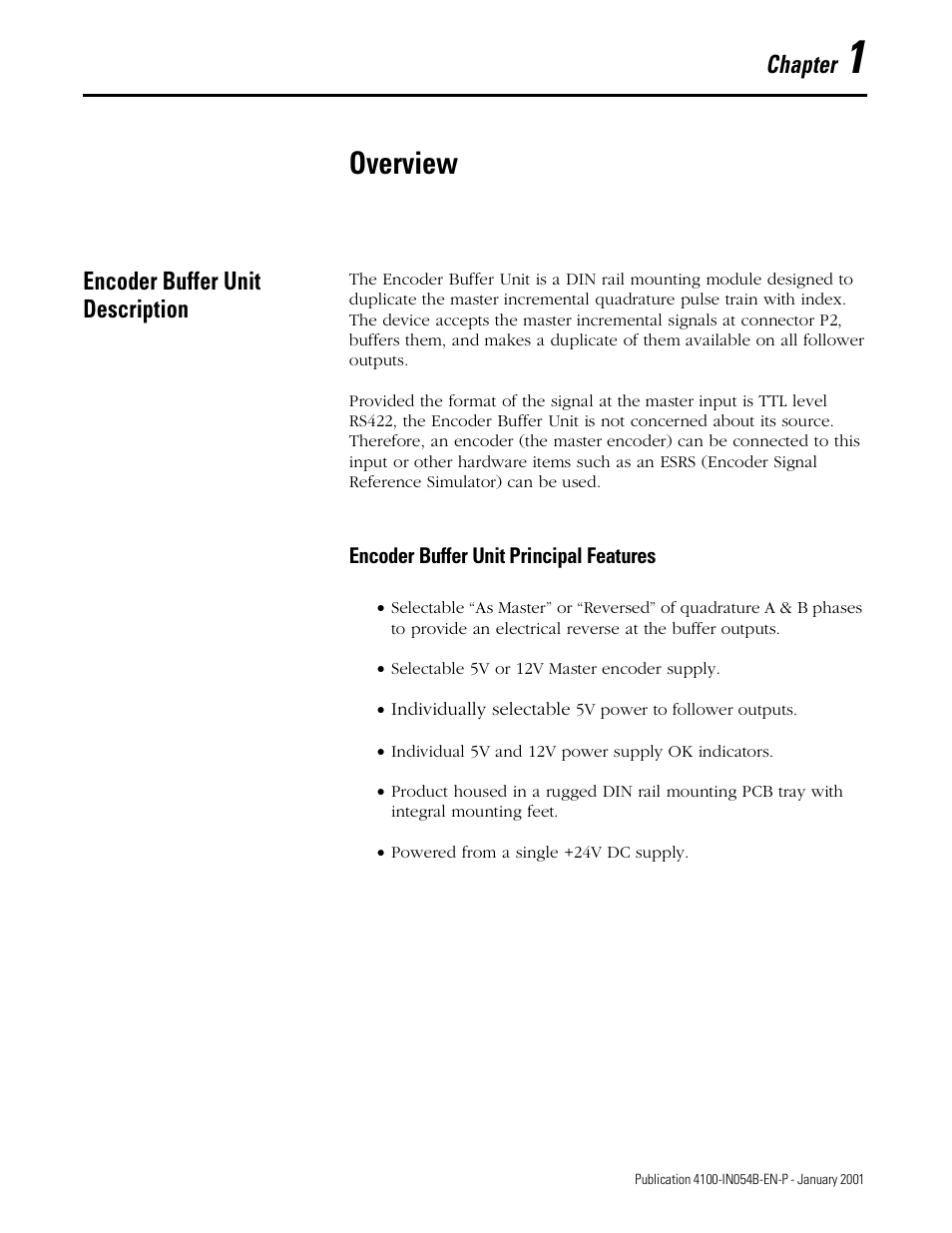 Overview, Chapter, Encoder buffer unit description | Rockwell Automation 4100-EF04_EF08 4 or 8 Way Encoder Buffer Unit Installation and Setup Manual User Manual | Page 13 / 32