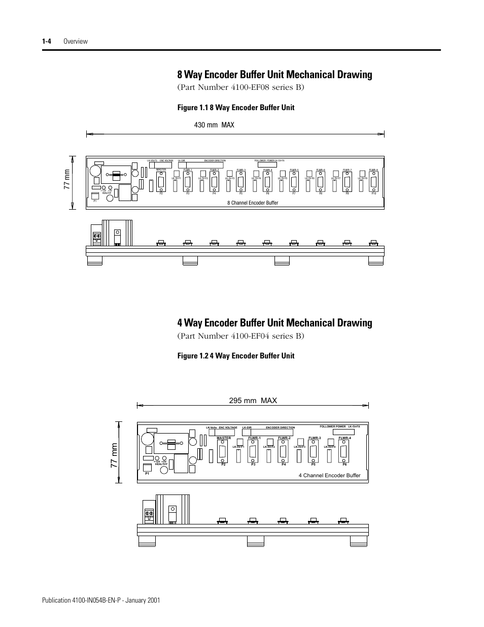 8 way encoder buffer unit mechanical drawing, 4 way encoder buffer unit mechanical drawing, 77 mm | Figure 1.1 8 way encoder buffer unit, Figure 1.2 4 way encoder buffer unit, 295 mm max | Rockwell Automation 4100-EF04_EF08 4 or 8 Way Encoder Buffer Unit Installation and Setup Manual User Manual | Page 16 / 32
