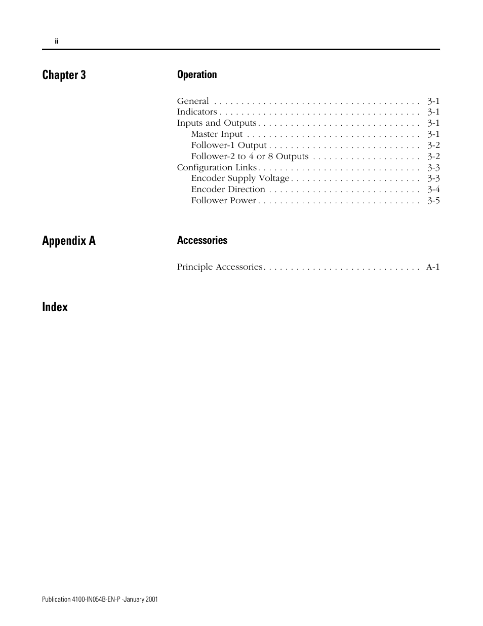 Chapter 3, Appendix a, Index | Rockwell Automation 4100-EF04_EF08 4 or 8 Way Encoder Buffer Unit Installation and Setup Manual User Manual | Page 6 / 32