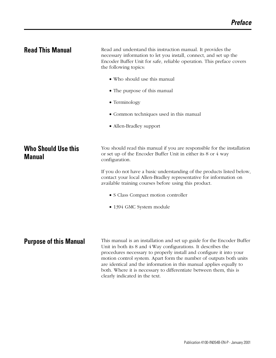 Preface read this manual, Who should use this manual, Purpose of this manual | Rockwell Automation 4100-EF04_EF08 4 or 8 Way Encoder Buffer Unit Installation and Setup Manual User Manual | Page 7 / 32
