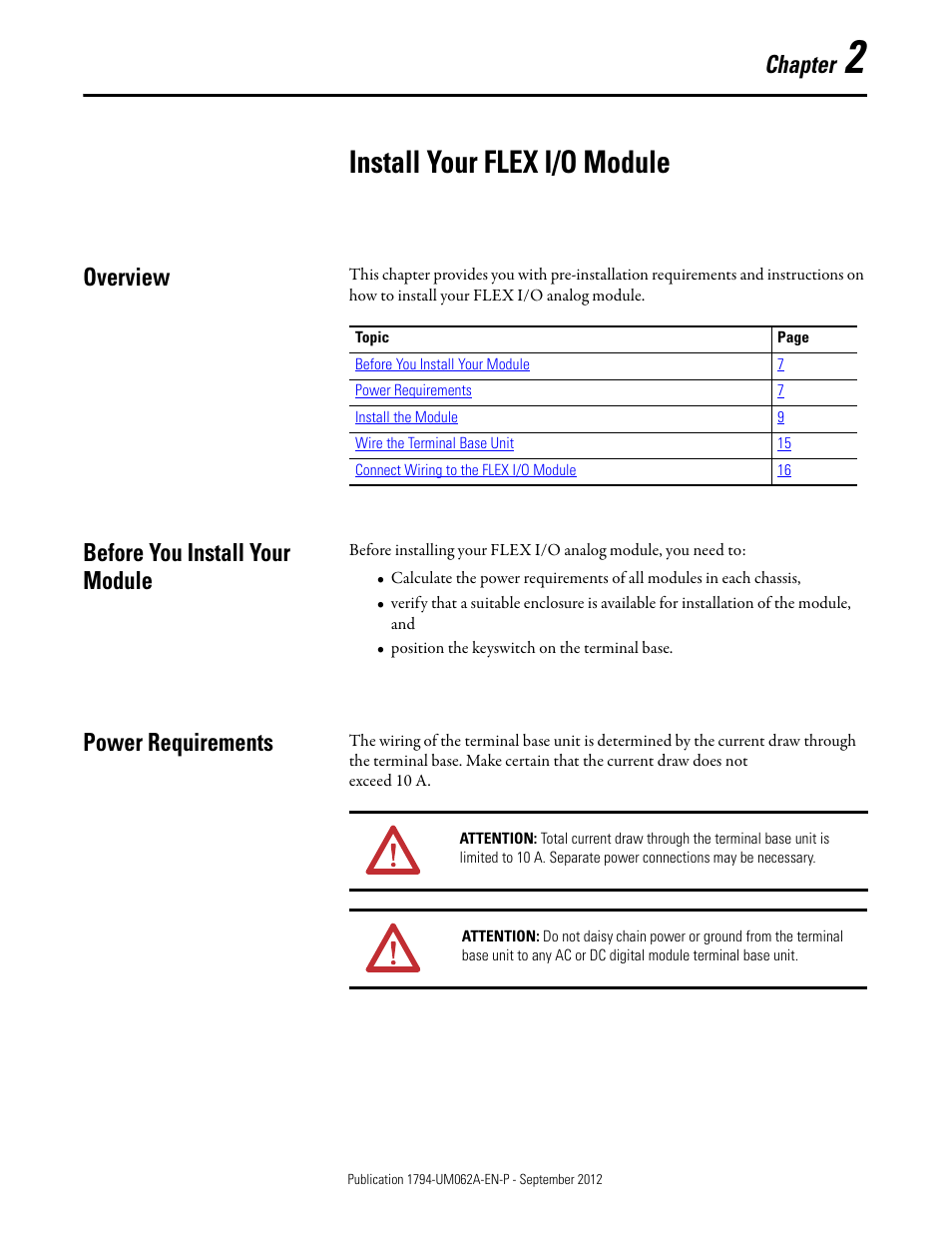 2 - install your flex i/o module, Install your flex i/o module, Overview | Before you install your module, Power requirements, Chapter 2, Chapter | Rockwell Automation 1794-XXXX FLEX I/O High-Density Analog Modules User Manual | Page 15 / 90