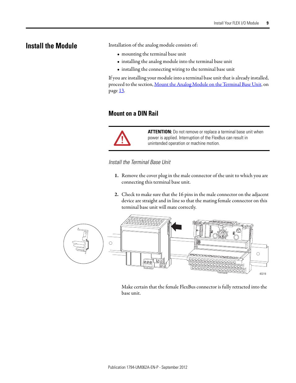 Install the module, Mount on a din rail, Install the terminal base unit | Rockwell Automation 1794-XXXX FLEX I/O High-Density Analog Modules User Manual | Page 17 / 90