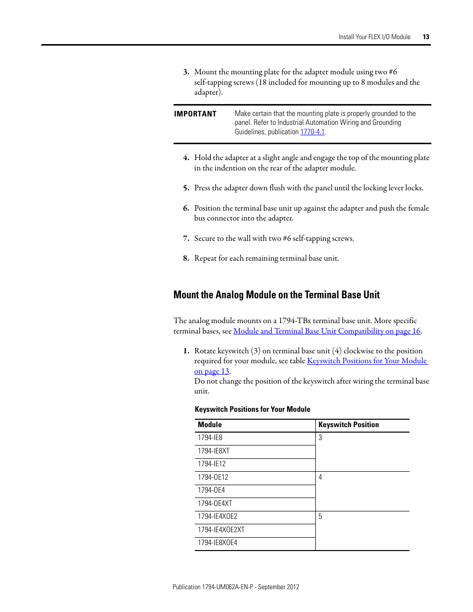Mount the analog module on the terminal base unit | Rockwell Automation 1794-XXXX FLEX I/O High-Density Analog Modules User Manual | Page 21 / 90
