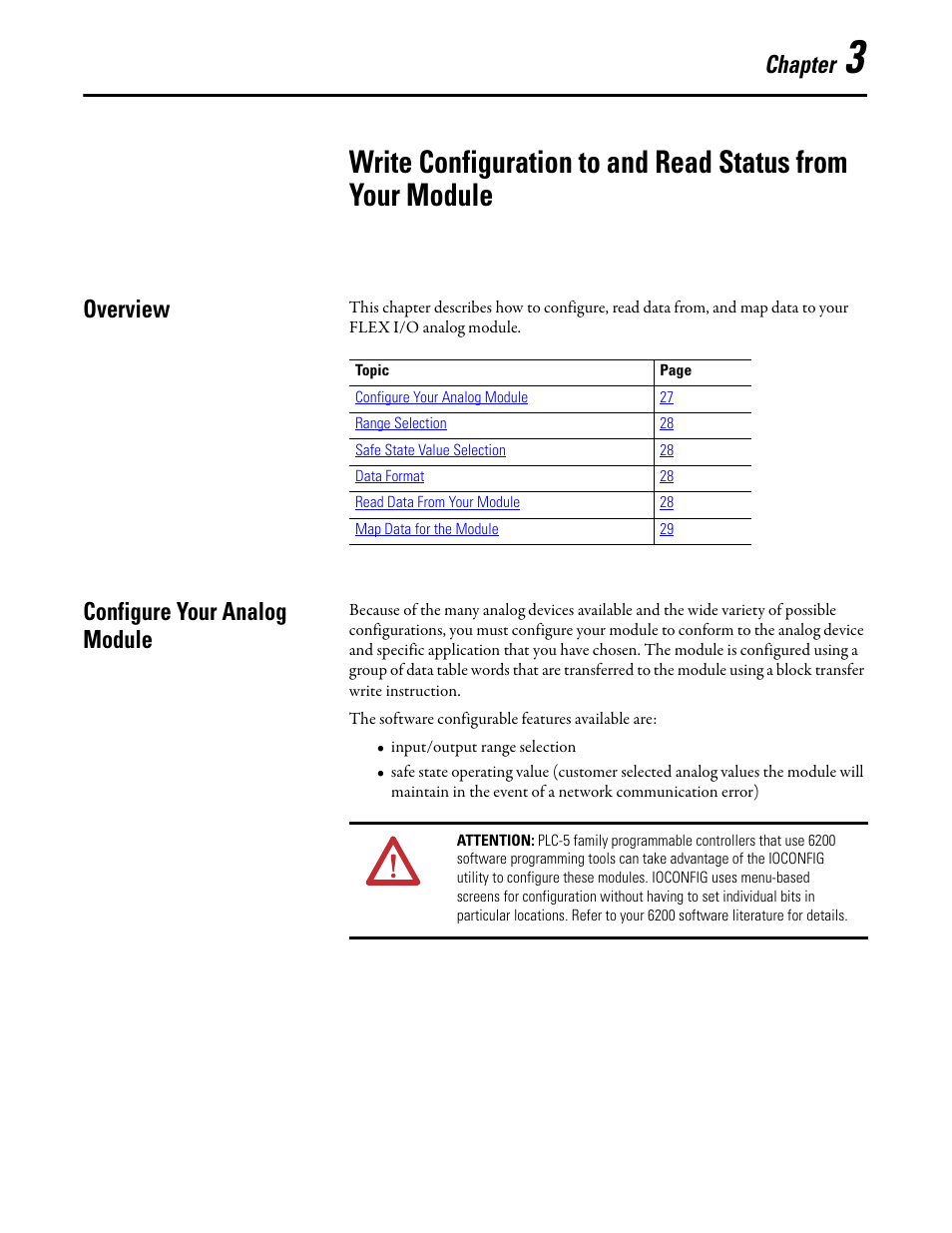 Overview, Configure your analog module, Chapter 3 | Overview configure your analog module, Chapter | Rockwell Automation 1794-XXXX FLEX I/O High-Density Analog Modules User Manual | Page 35 / 90