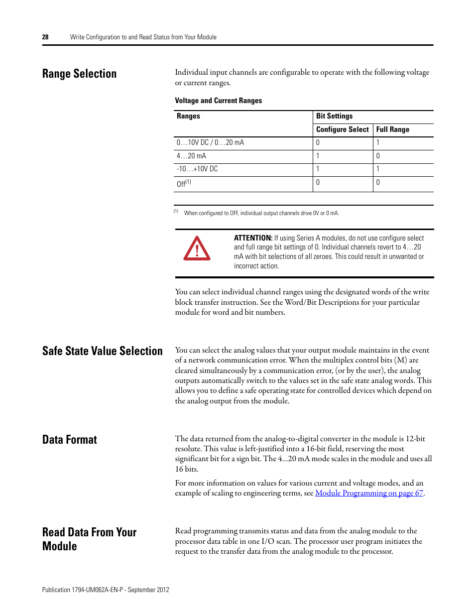 Range selection, Safe state value selection, Data format | Read data from your module | Rockwell Automation 1794-XXXX FLEX I/O High-Density Analog Modules User Manual | Page 36 / 90