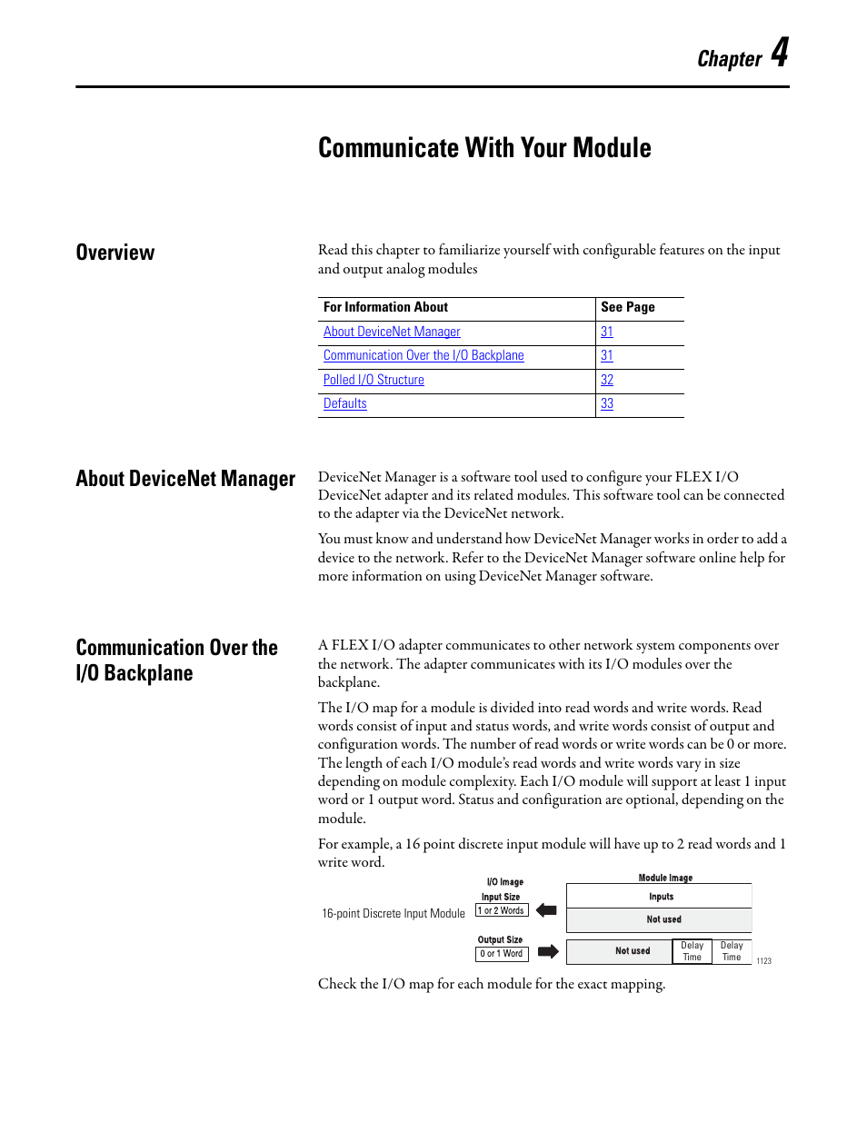 4 - communicate with your module, Communicate with your module, Overview | About devicenet manager, Communication over the i/o backplane, Chapter 4, Chapter | Rockwell Automation 1794-XXXX FLEX I/O High-Density Analog Modules User Manual | Page 39 / 90