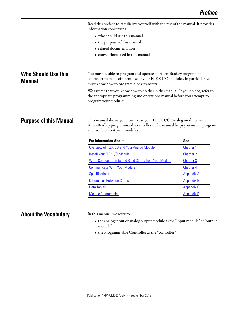 Preface, Who should use this manual, Purpose of this manual | About the vocabulary | Rockwell Automation 1794-XXXX FLEX I/O High-Density Analog Modules User Manual | Page 5 / 90