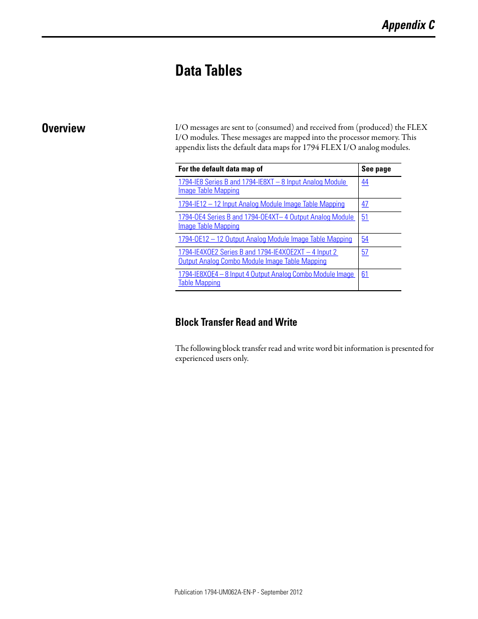 C - data tables, Data tables, Overview | Block transfer read and write, Appendix c | Rockwell Automation 1794-XXXX FLEX I/O High-Density Analog Modules User Manual | Page 51 / 90