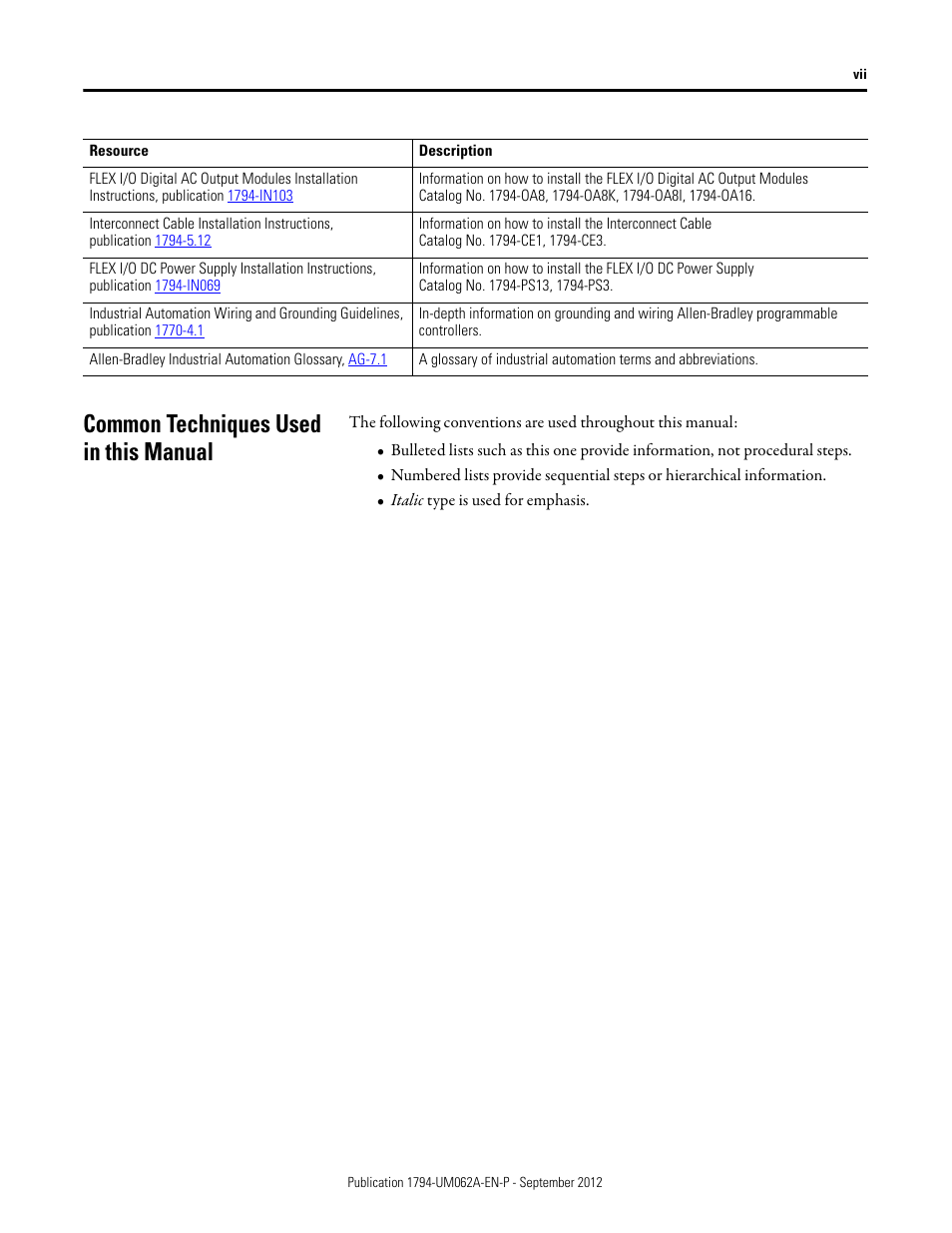 Common techniques used in this manual | Rockwell Automation 1794-XXXX FLEX I/O High-Density Analog Modules User Manual | Page 7 / 90