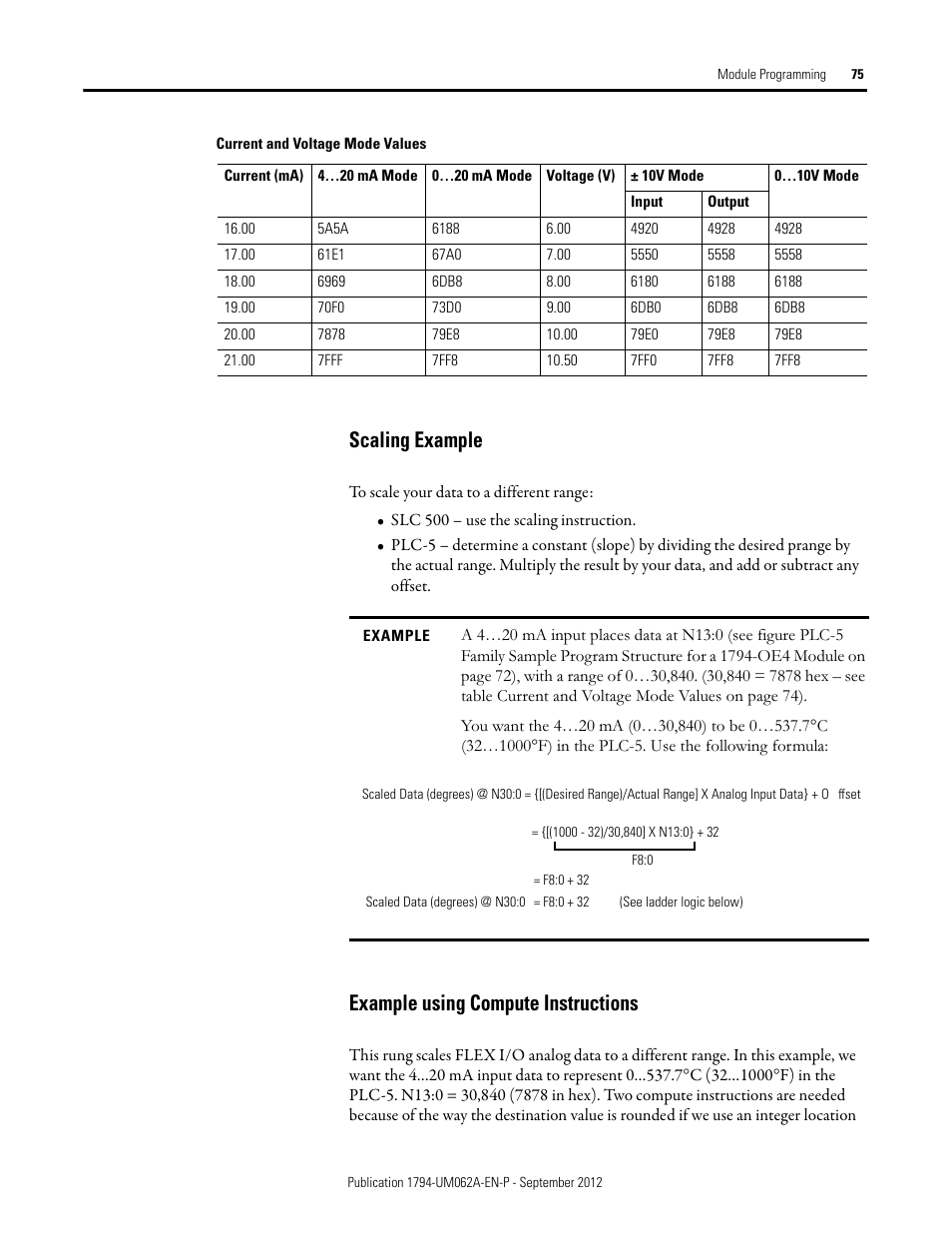 Scaling example, Example using compute instructions, Scaling example example using compute instructions | Rockwell Automation 1794-XXXX FLEX I/O High-Density Analog Modules User Manual | Page 83 / 90