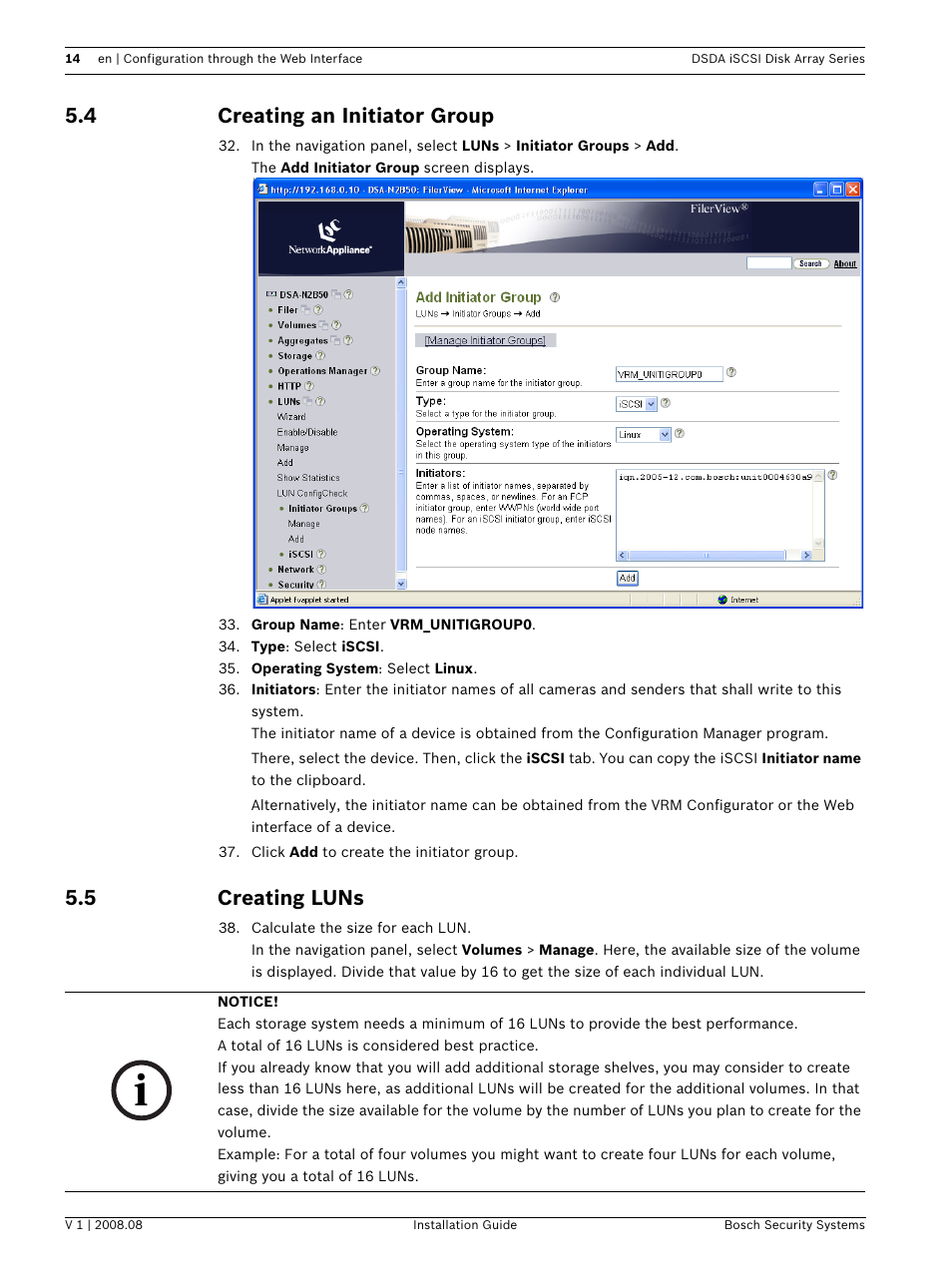 4 creating an initiator group, 5 creating luns, Creating an initiator group | Creating luns | Bosch DSDA ISCSI DISK ARRAY SERIES DSA-S5B50 User Manual | Page 16 / 40