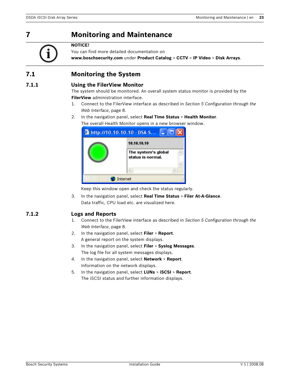 7 monitoring and maintenance, 1 monitoring the system, Monitoring and maintenance | Monitoring the system, 7monitoring and maintenance | Bosch DSDA ISCSI DISK ARRAY SERIES DSA-S5B50 User Manual | Page 25 / 40