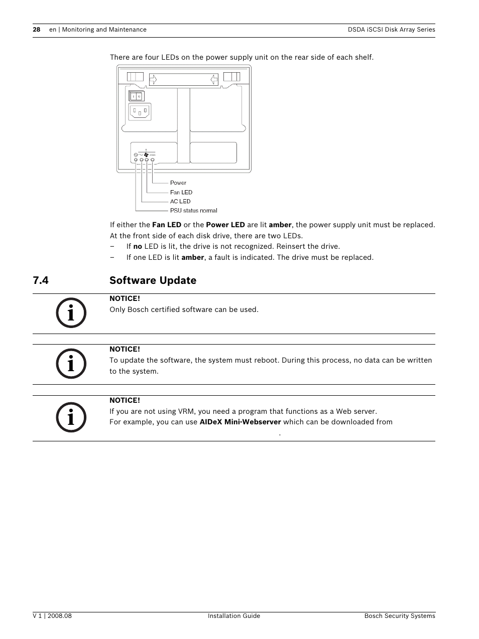 4 software update, Software update | Bosch DSDA ISCSI DISK ARRAY SERIES DSA-S5B50 User Manual | Page 30 / 40