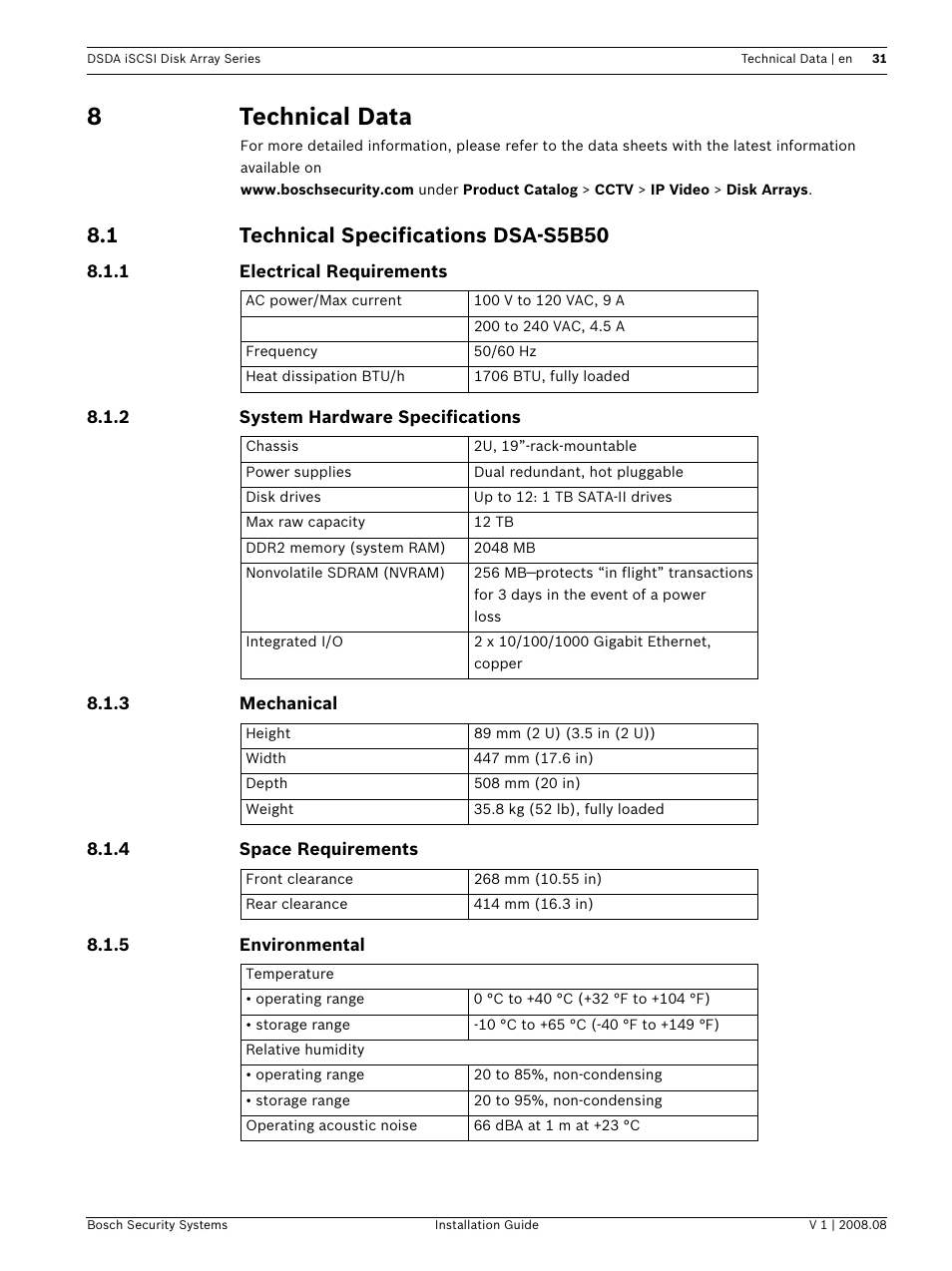 8 technical data, 1 technical specifications dsa-s5b50, Technical data | Technical specifications dsa-s5b50, 8technical data | Bosch DSDA ISCSI DISK ARRAY SERIES DSA-S5B50 User Manual | Page 33 / 40