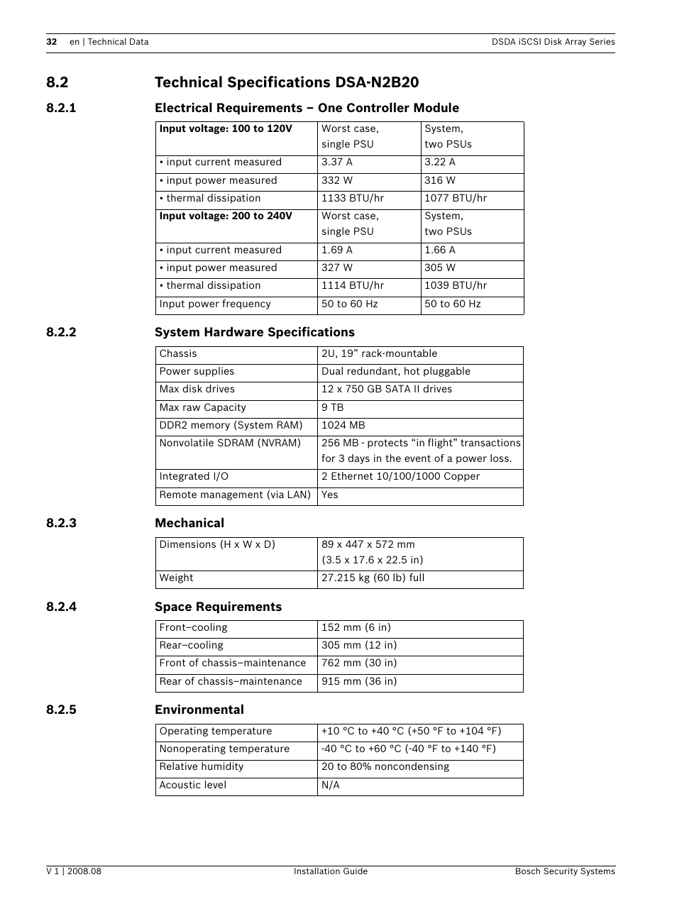 2 technical specifications dsa-n2b20, Technical specifications dsa-n2b20 | Bosch DSDA ISCSI DISK ARRAY SERIES DSA-S5B50 User Manual | Page 34 / 40