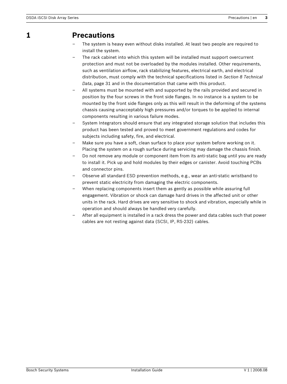 1 precautions, Precautions, 1precautions | Bosch DSDA ISCSI DISK ARRAY SERIES DSA-S5B50 User Manual | Page 5 / 40