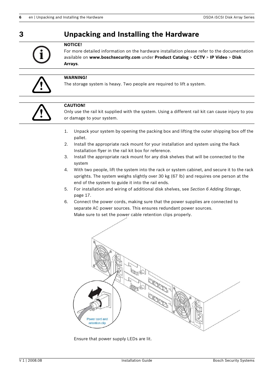 3 unpacking and installing the hardware, Unpacking and installing the hardware, 3unpacking and installing the hardware | Bosch DSDA ISCSI DISK ARRAY SERIES DSA-S5B50 User Manual | Page 8 / 40