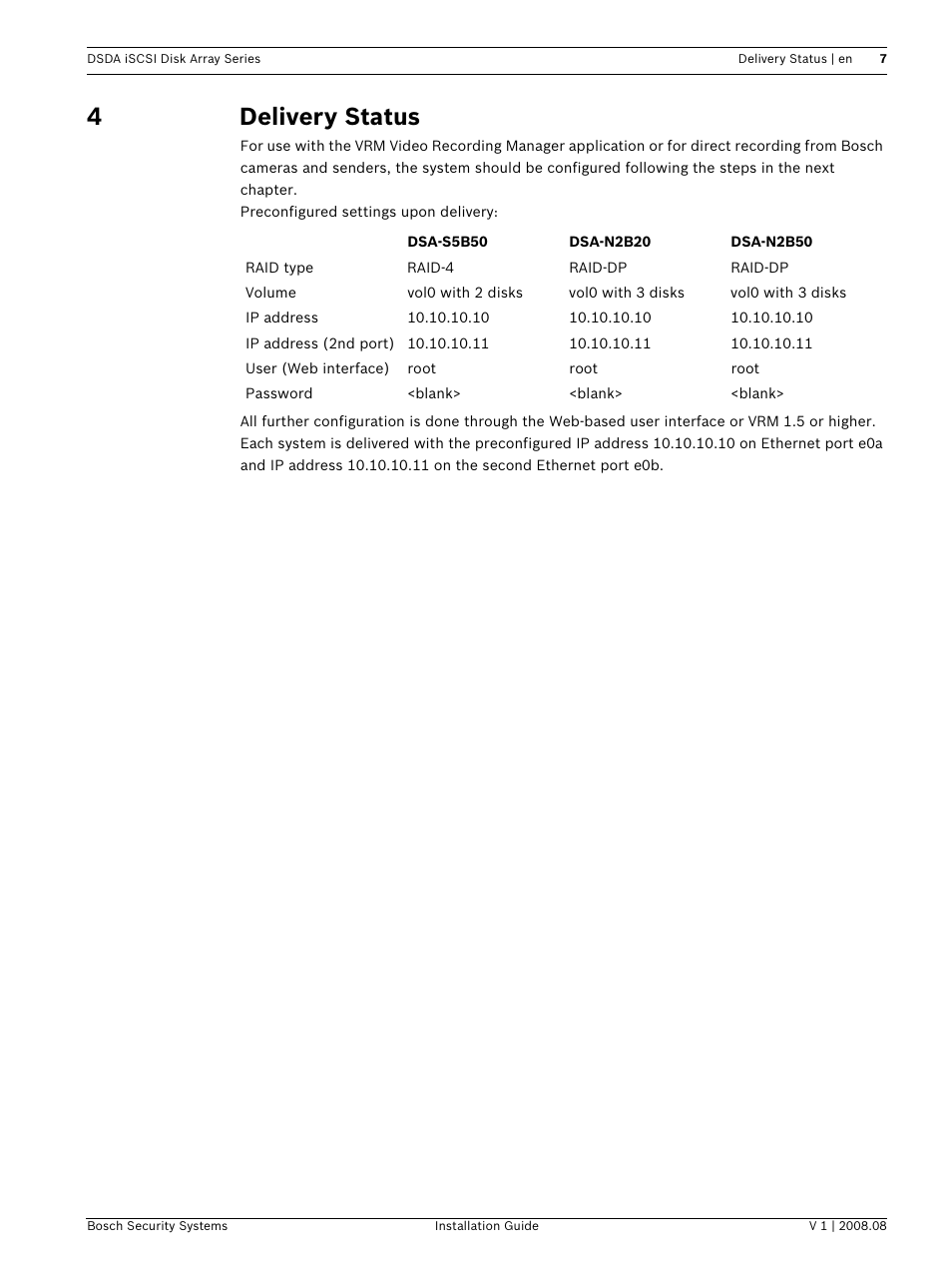 4 delivery status, Delivery status, 4delivery status | Bosch DSDA ISCSI DISK ARRAY SERIES DSA-S5B50 User Manual | Page 9 / 40