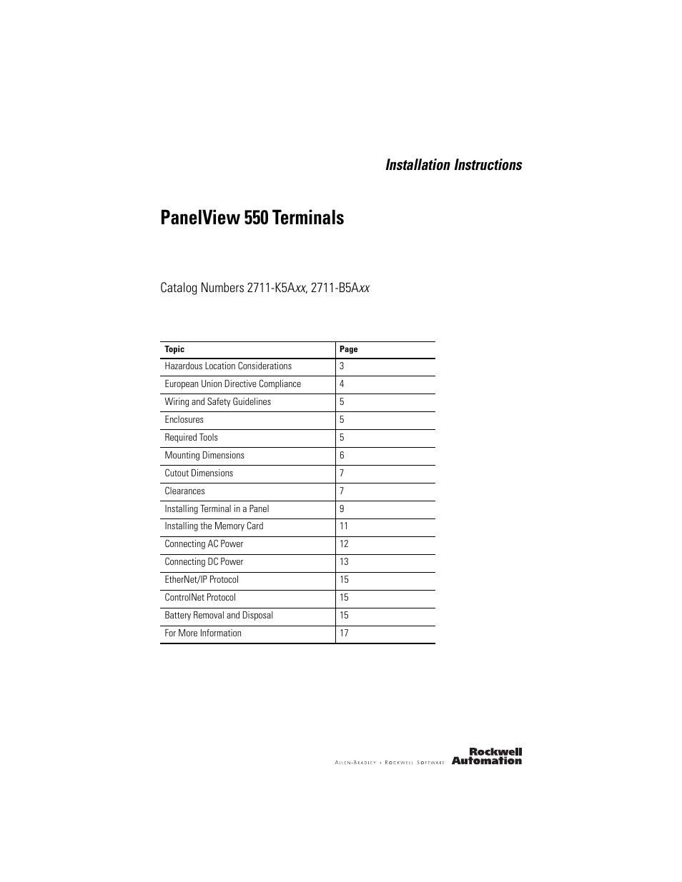 Rockwell Automation 2711-K5Axx_B5Axx PanelView 550 Terminals Installation Instructions User Manual | 20 pages