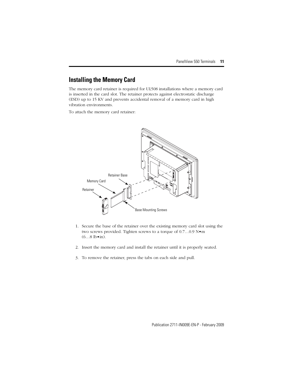 Installing the memory card | Rockwell Automation 2711-K5Axx_B5Axx PanelView 550 Terminals Installation Instructions User Manual | Page 11 / 20