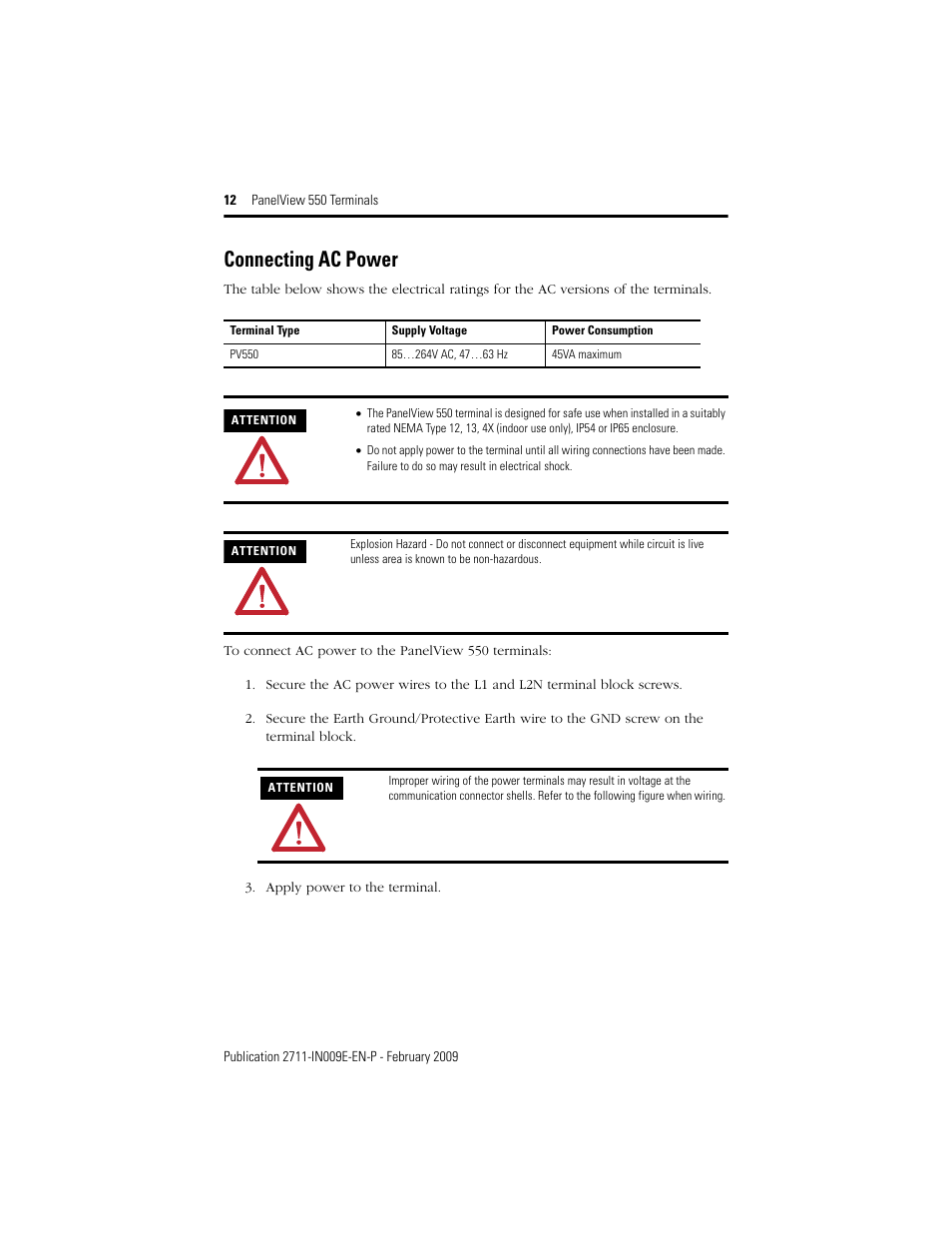 Connecting ac power | Rockwell Automation 2711-K5Axx_B5Axx PanelView 550 Terminals Installation Instructions User Manual | Page 12 / 20