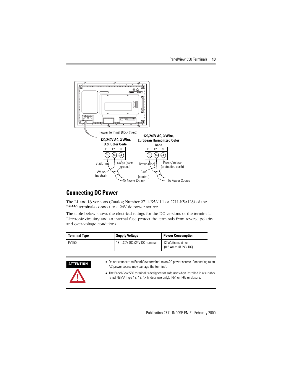 Connecting dc power | Rockwell Automation 2711-K5Axx_B5Axx PanelView 550 Terminals Installation Instructions User Manual | Page 13 / 20