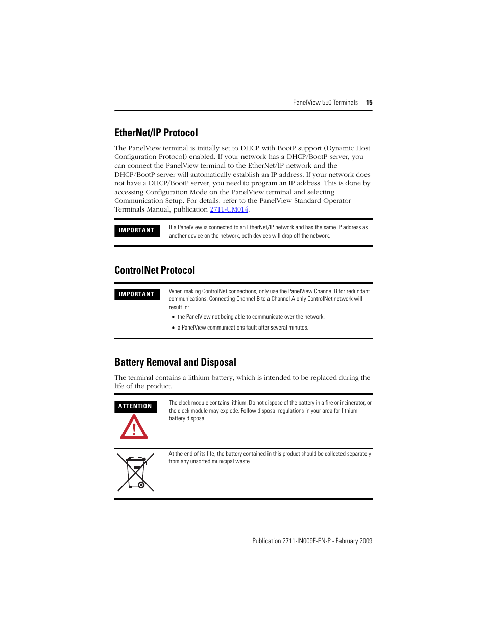 Ethernet/ip protocol, Controlnet protocol, Battery removal and disposal | Controlnet protocol battery removal and disposal | Rockwell Automation 2711-K5Axx_B5Axx PanelView 550 Terminals Installation Instructions User Manual | Page 15 / 20