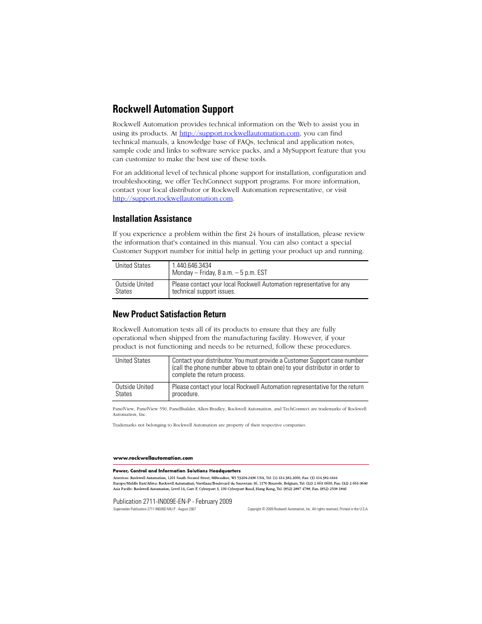 Back cover, Rockwell automation support, Installation assistance | New product satisfaction return | Rockwell Automation 2711-K5Axx_B5Axx PanelView 550 Terminals Installation Instructions User Manual | Page 20 / 20